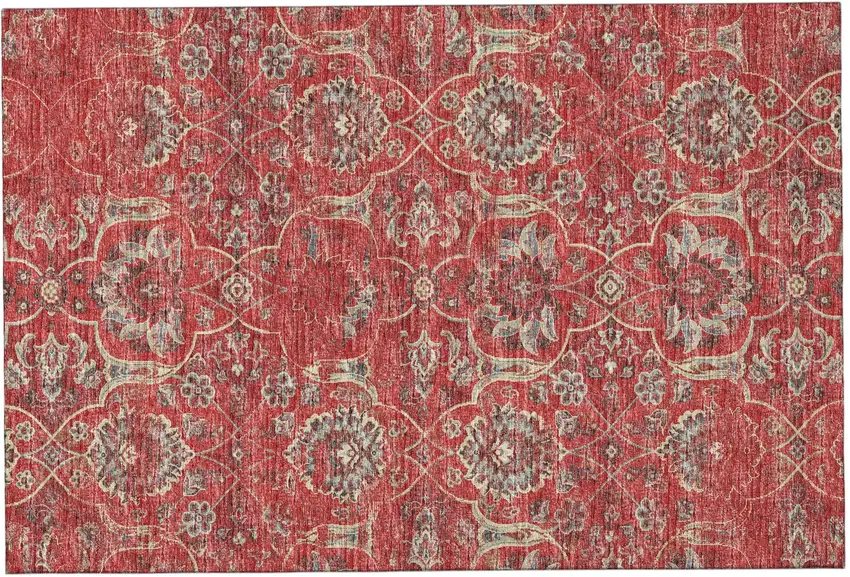 Red And Beige Floral Medallion Distressed Washable Area Rug With UV Protection Photo 2