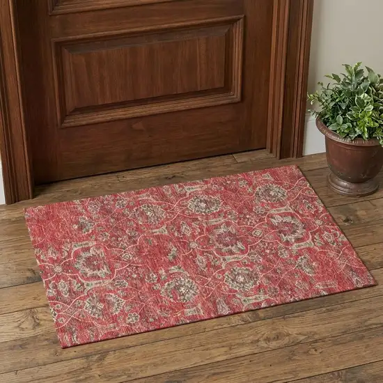 Red And Beige Floral Medallion Distressed Washable Area Rug With UV Protection Photo 1