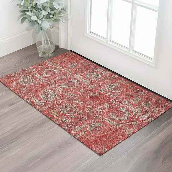 Red And Beige Floral Medallion Washable Area Rug With UV Protection Photo 2