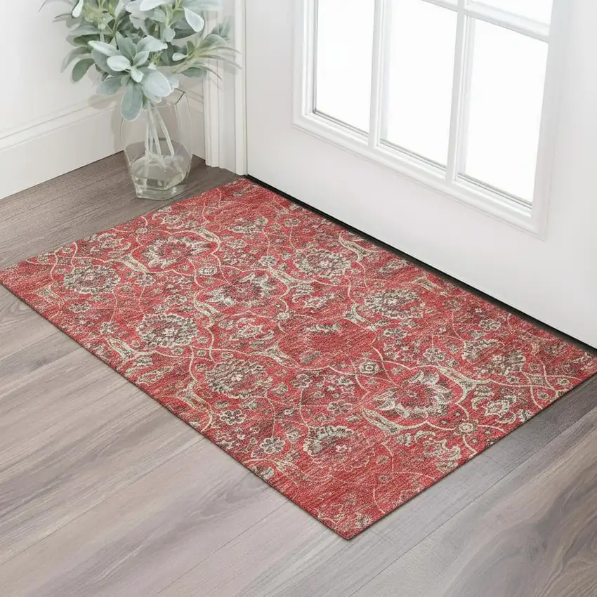 Red And Beige Floral Medallion Washable Area Rug With UV Protection Photo 2