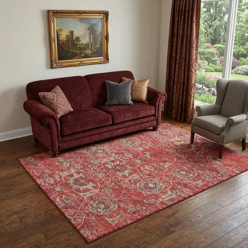 Red And Beige Floral Medallion Distressed Washable Area Rug With UV Protection Photo 1