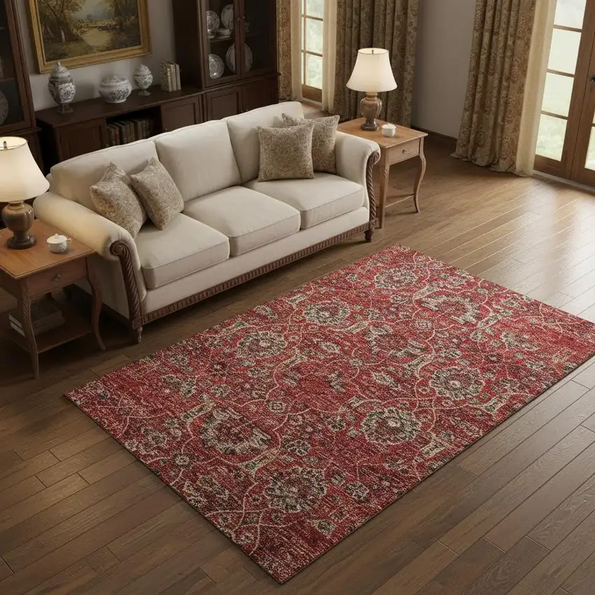 Red And Beige Floral Medallion Washable Area Rug With UV Protection Photo 1