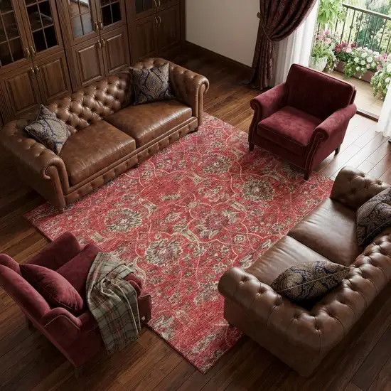Red And Beige Floral Medallion Distressed Washable Area Rug With UV Protection Photo 1