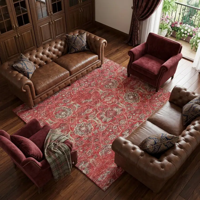 Red And Beige Floral Medallion Distressed Washable Area Rug With UV Protection Photo 1