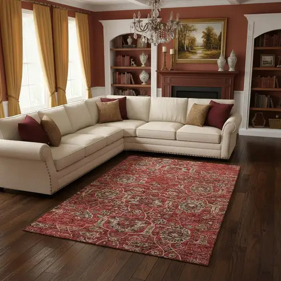 Red And Beige Floral Medallion Washable Area Rug With UV Protection Photo 1