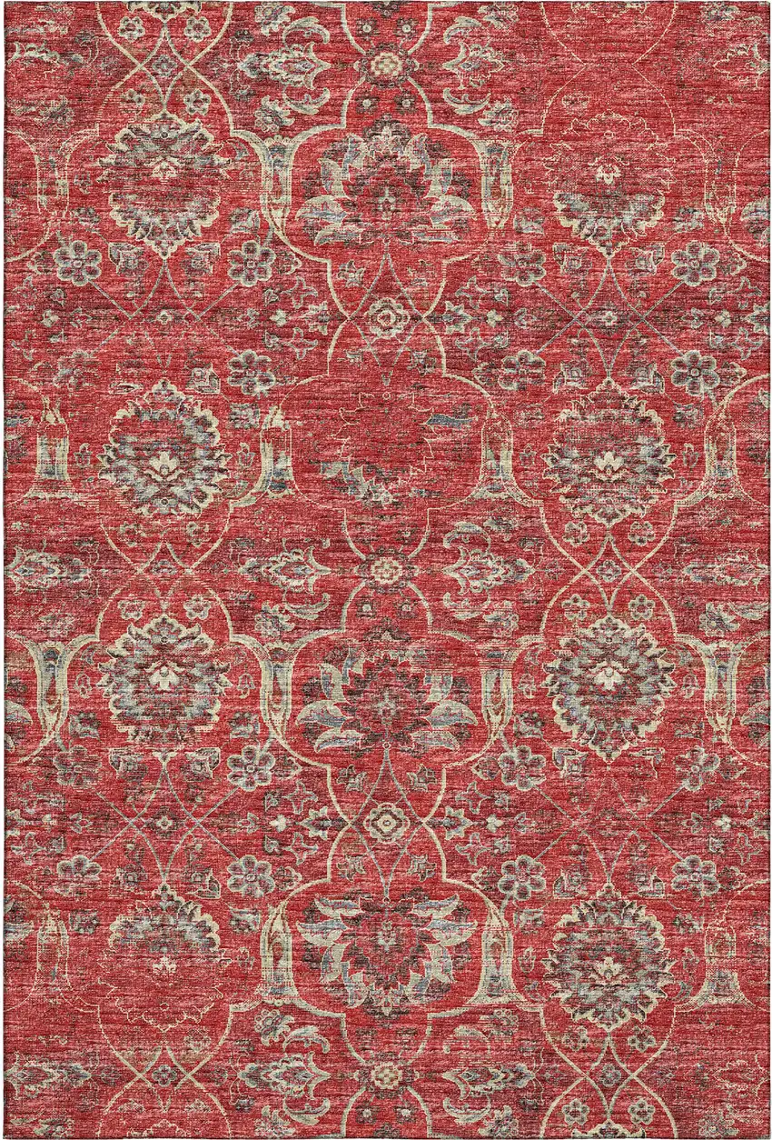 Red And Beige Floral Medallion Washable Area Rug With UV Protection Photo 2