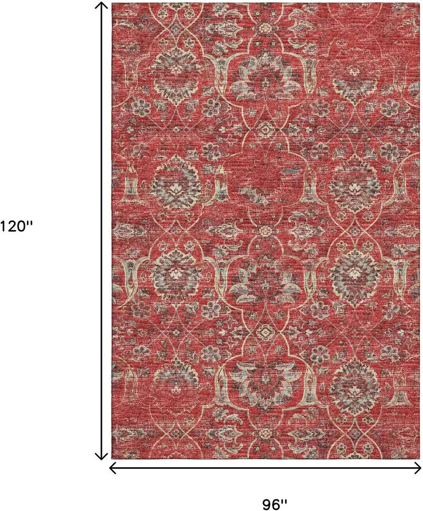Red And Beige Floral Medallion Washable Area Rug With UV Protection Photo 3