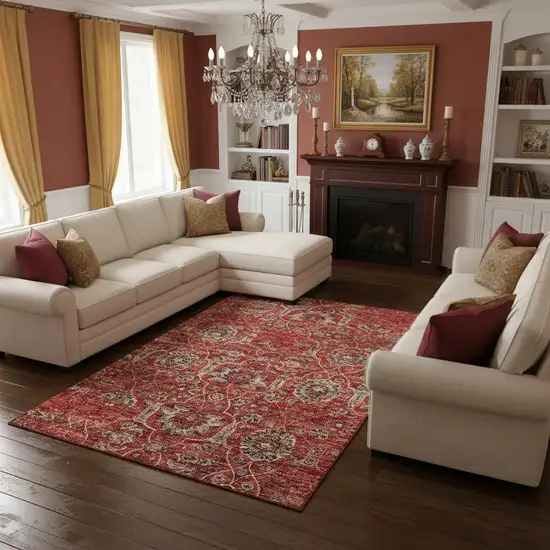 Red And Beige Floral Medallion Washable Area Rug With UV Protection Photo 1