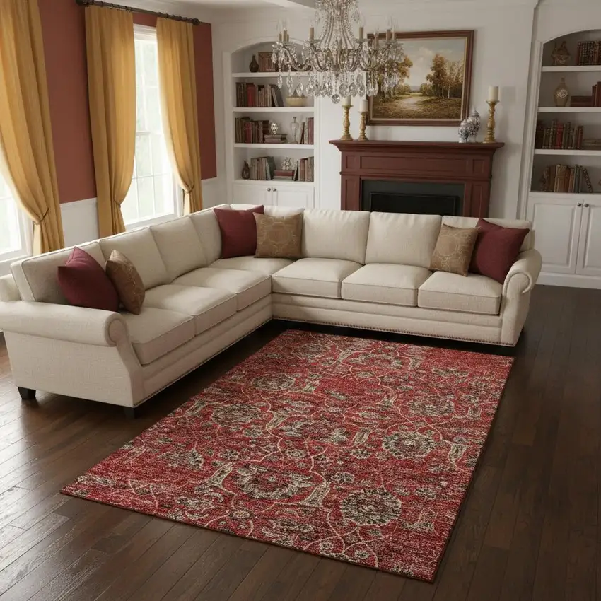 Red And Beige Floral Medallion Washable Area Rug With UV Protection Photo 1