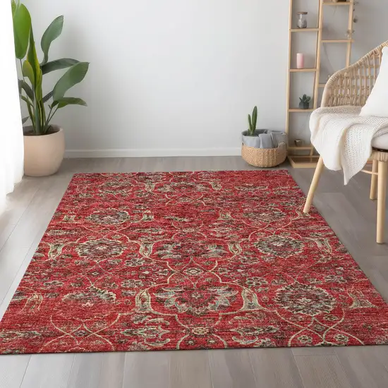 Red And Beige Floral Medallion Washable Area Rug With UV Protection Photo 4