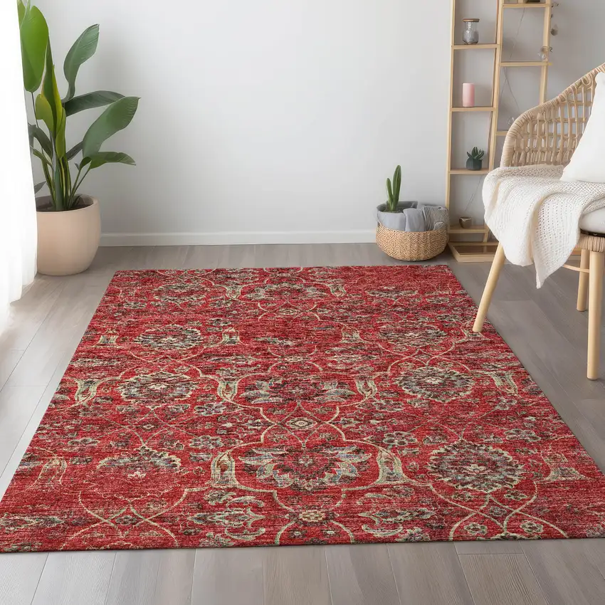 Red And Beige Floral Medallion Washable Area Rug With UV Protection Photo 4