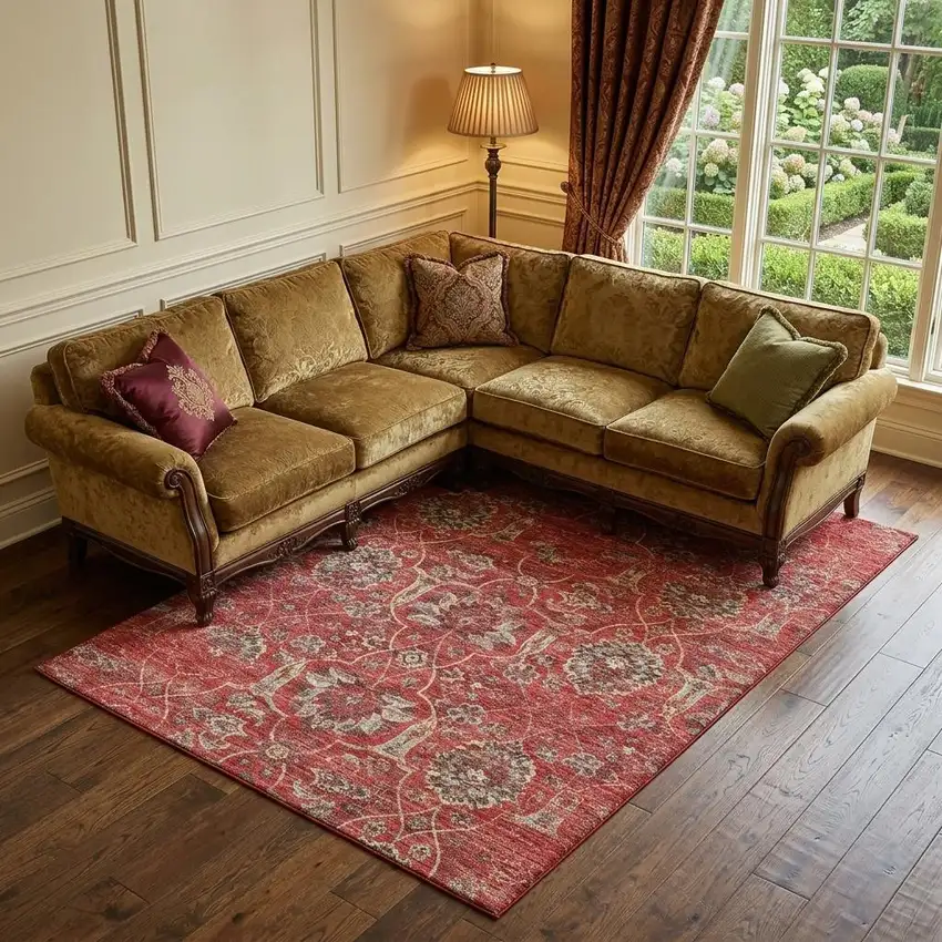 Red And Beige Floral Medallion Distressed Washable Area Rug With UV Protection Photo 1