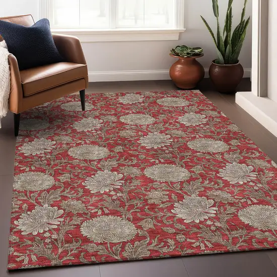 Red And Beige Floral Washable Area Rug With UV Protection Photo 3