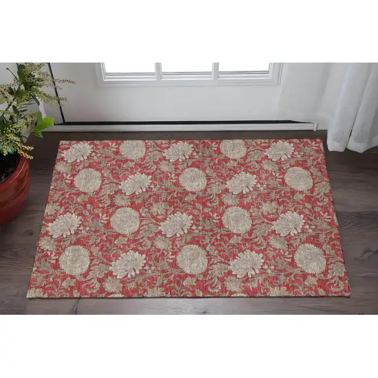 Red And Beige Floral Washable Area Rug With UV Protection Photo 2