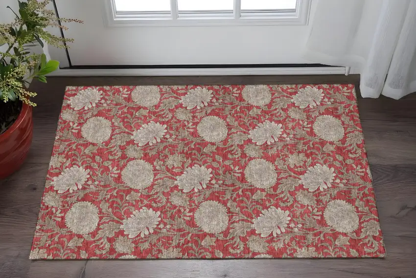 Red And Beige Floral Washable Area Rug With UV Protection Photo 2