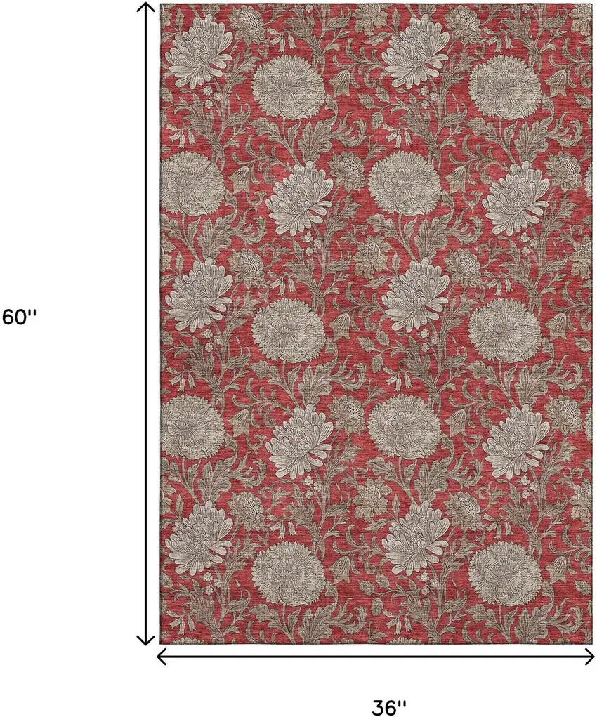 Red And Beige Floral Washable Area Rug With UV Protection Photo 3