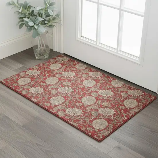Red And Beige Floral Washable Area Rug With UV Protection Photo 1