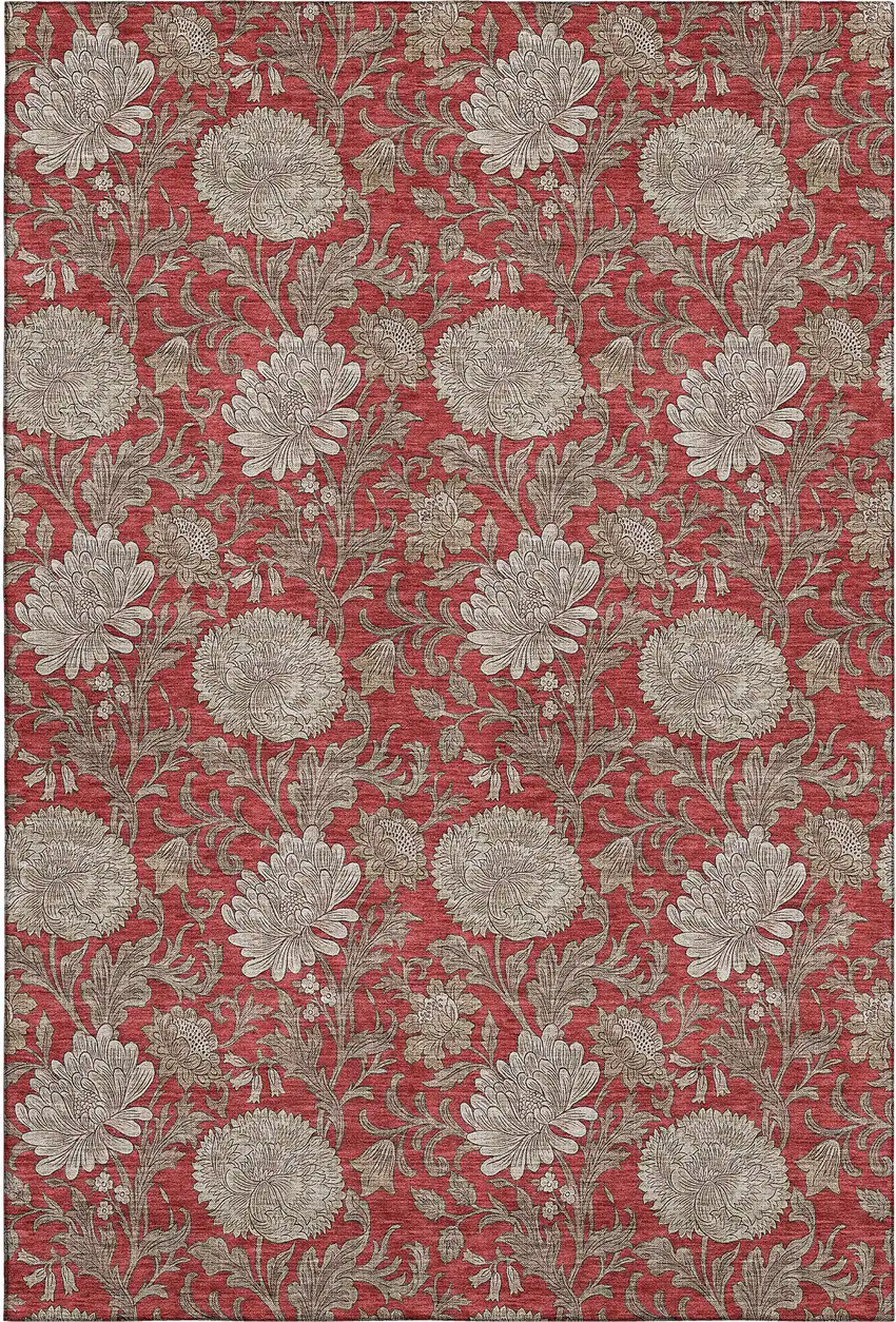 Red And Beige Floral Washable Area Rug With UV Protection Photo 6