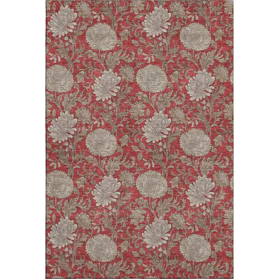 Red And Beige Floral Washable Area Rug With UV Protection Photo 6