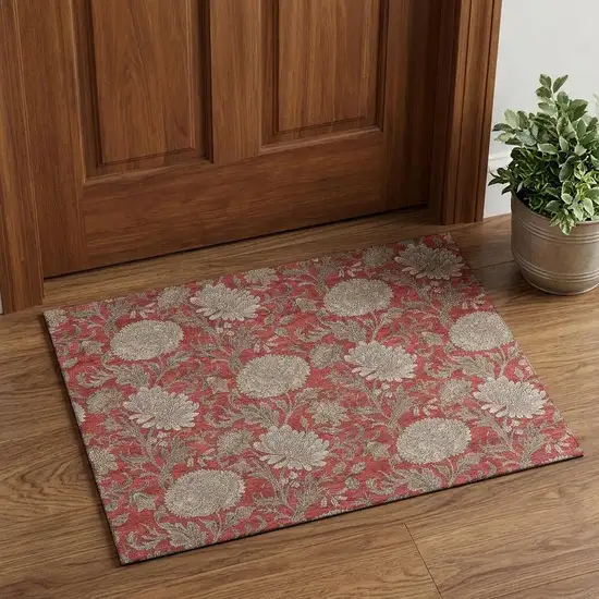 Red And Beige Floral Washable Area Rug With UV Protection Photo 1