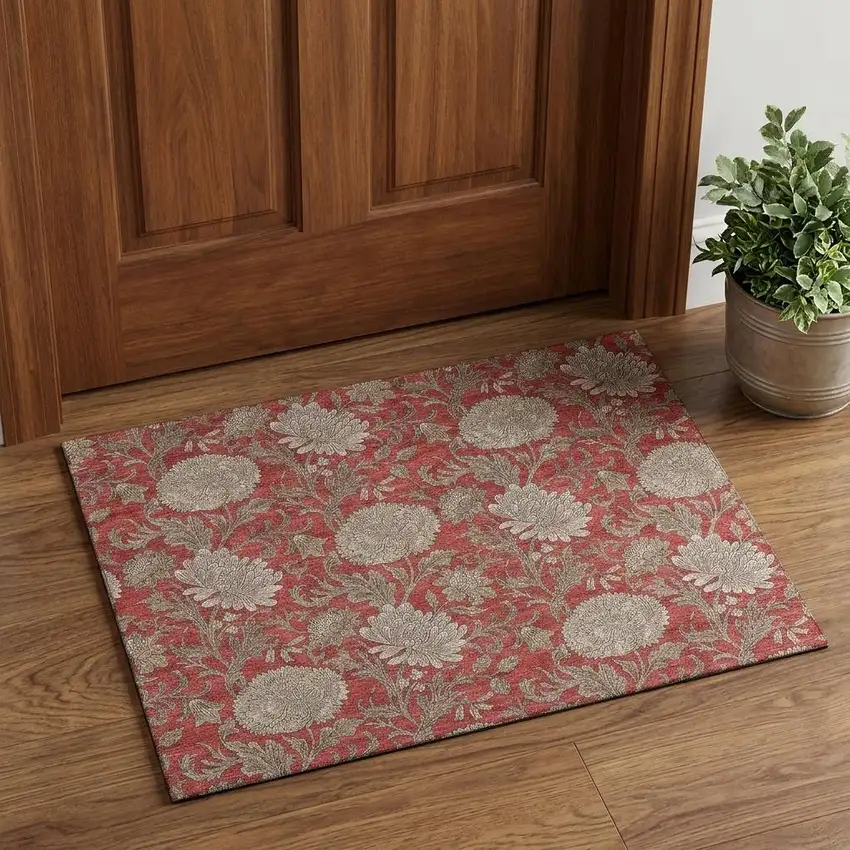 Red And Beige Floral Washable Area Rug With UV Protection Photo 1