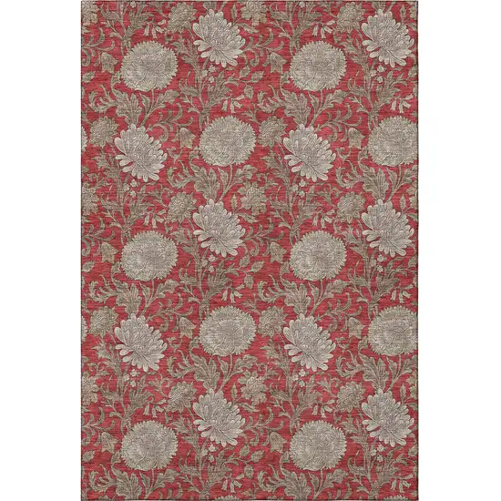 Red And Beige Floral Washable Area Rug With UV Protection Photo 1