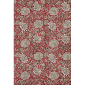 Photo of Red And Beige Floral Washable Area Rug With UV Protection
