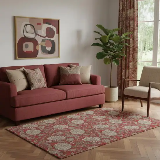 Red And Beige Floral Washable Area Rug With UV Protection Photo 1
