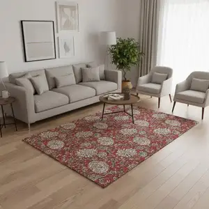 Photo of Red And Beige Floral Washable Area Rug With UV Protection