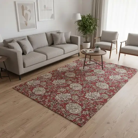 Red And Beige Floral Washable Area Rug With UV Protection Photo 3