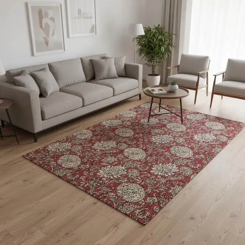 Red And Beige Floral Washable Area Rug With UV Protection Photo 3