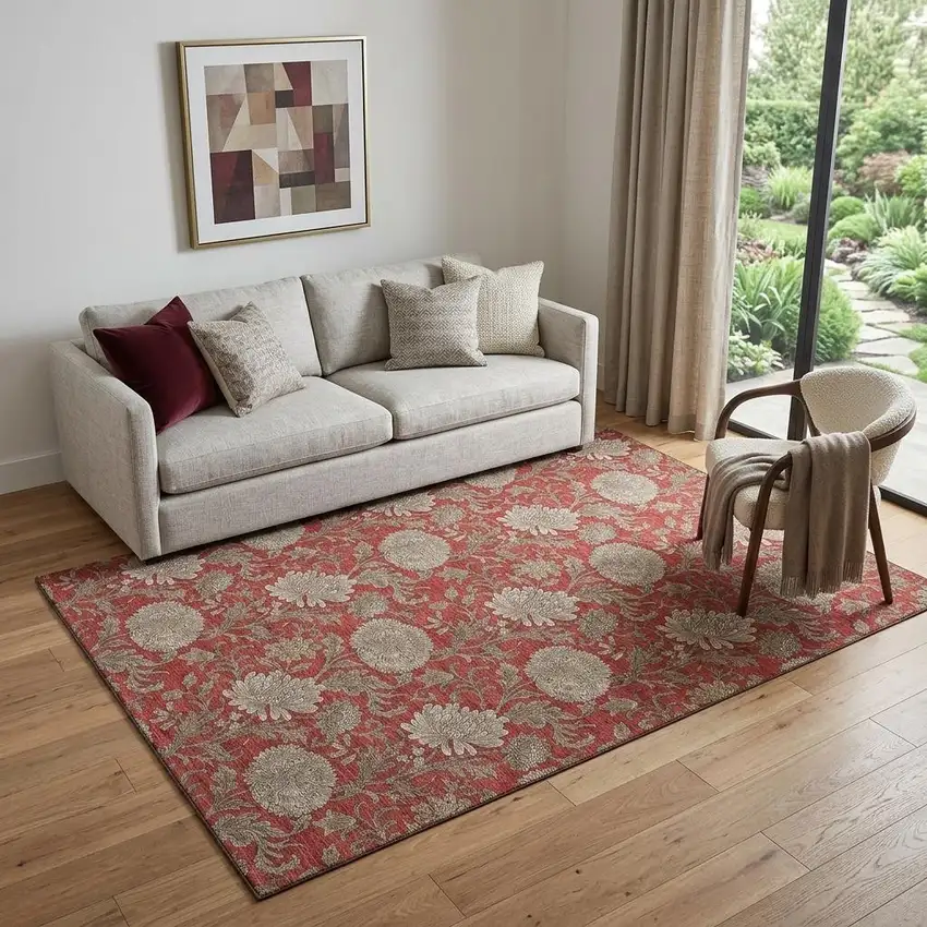 Red And Beige Floral Washable Area Rug With UV Protection Photo 1