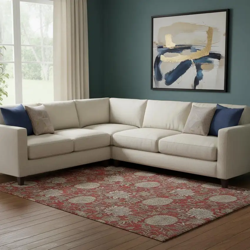 Red And Beige Floral Washable Area Rug With UV Protection Photo 1