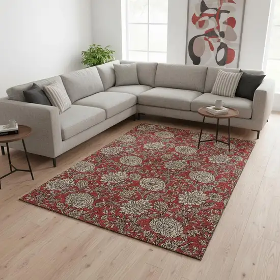 Red And Beige Floral Washable Area Rug With UV Protection Photo 1