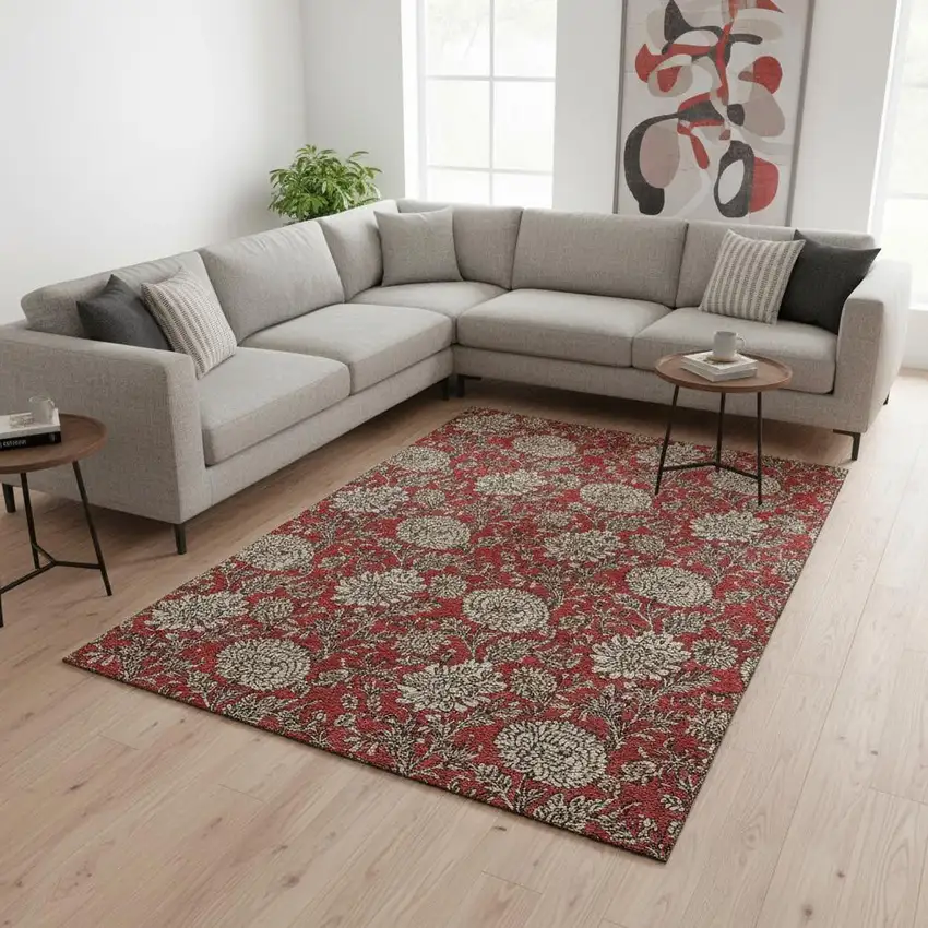 Red And Beige Floral Washable Area Rug With UV Protection Photo 1