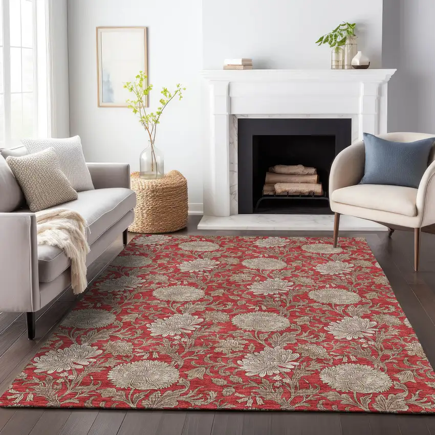 Red And Beige Floral Washable Area Rug With UV Protection Photo 4