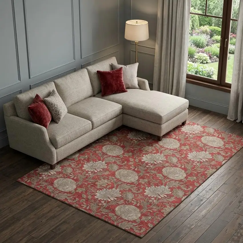 Red And Beige Floral Washable Area Rug With UV Protection Photo 1