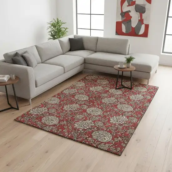 Red And Beige Floral Washable Area Rug With UV Protection Photo 3