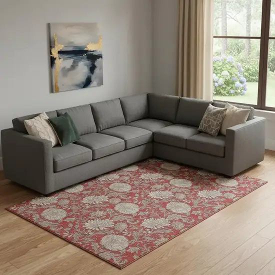 Red And Beige Floral Washable Area Rug With UV Protection Photo 1