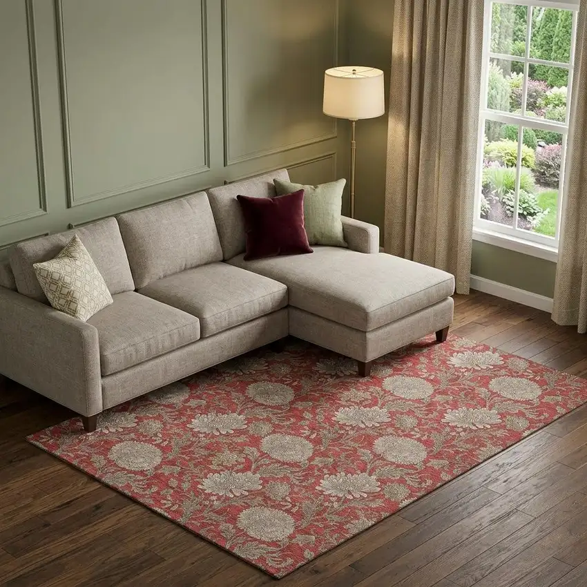 Red And Beige Floral Washable Area Rug With UV Protection Photo 1