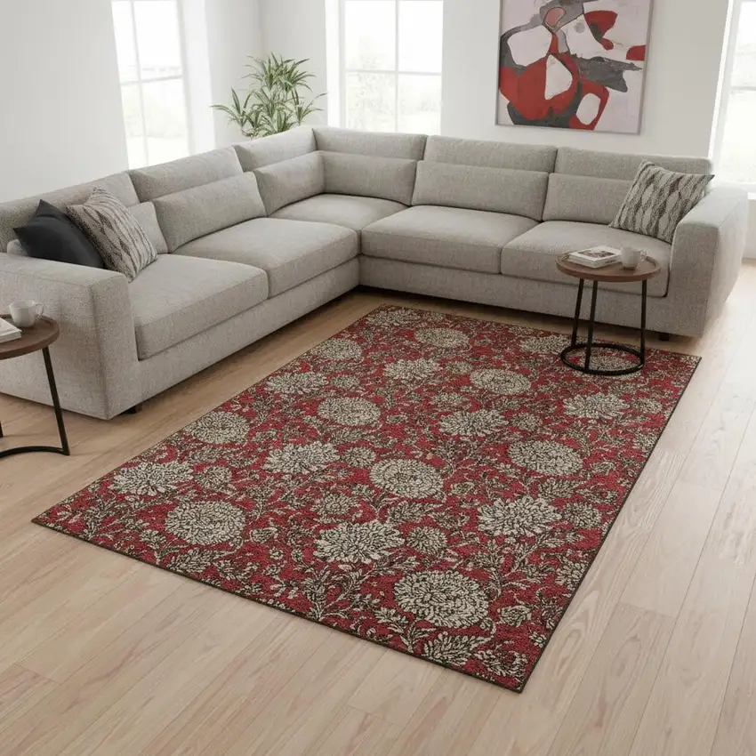 Red And Beige Floral Washable Area Rug With UV Protection Photo 2