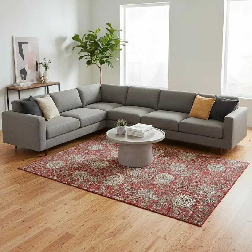 Red And Beige Floral Washable Area Rug With UV Protection Photo 1