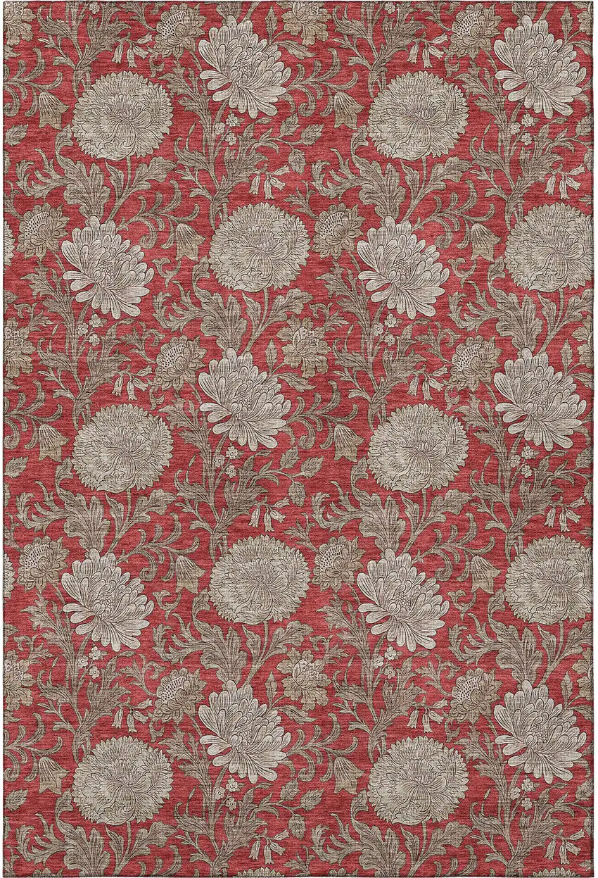 Red And Beige Floral Washable Area Rug With UV Protection Photo 4