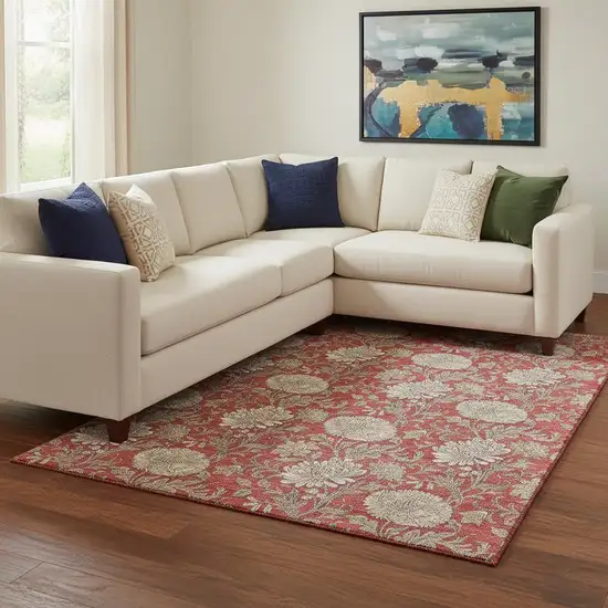 Red And Beige Floral Washable Area Rug With UV Protection Photo 1