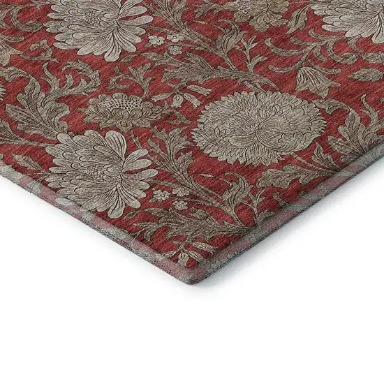 Red And Beige Floral Washable Area Rug With UV Protection Photo 9