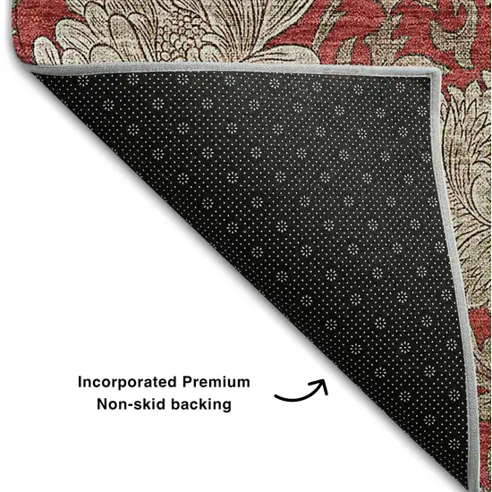 Red And Beige Floral Washable Area Rug With UV Protection Photo 8