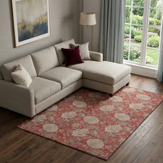Red And Beige Floral Washable Area Rug With UV Protection Photo 1