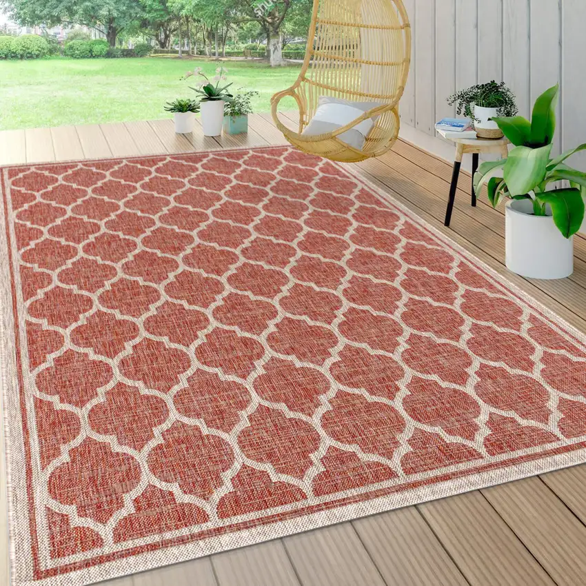 Red And Beige Geometric Indoor Outdoor Area Rug Photo 7