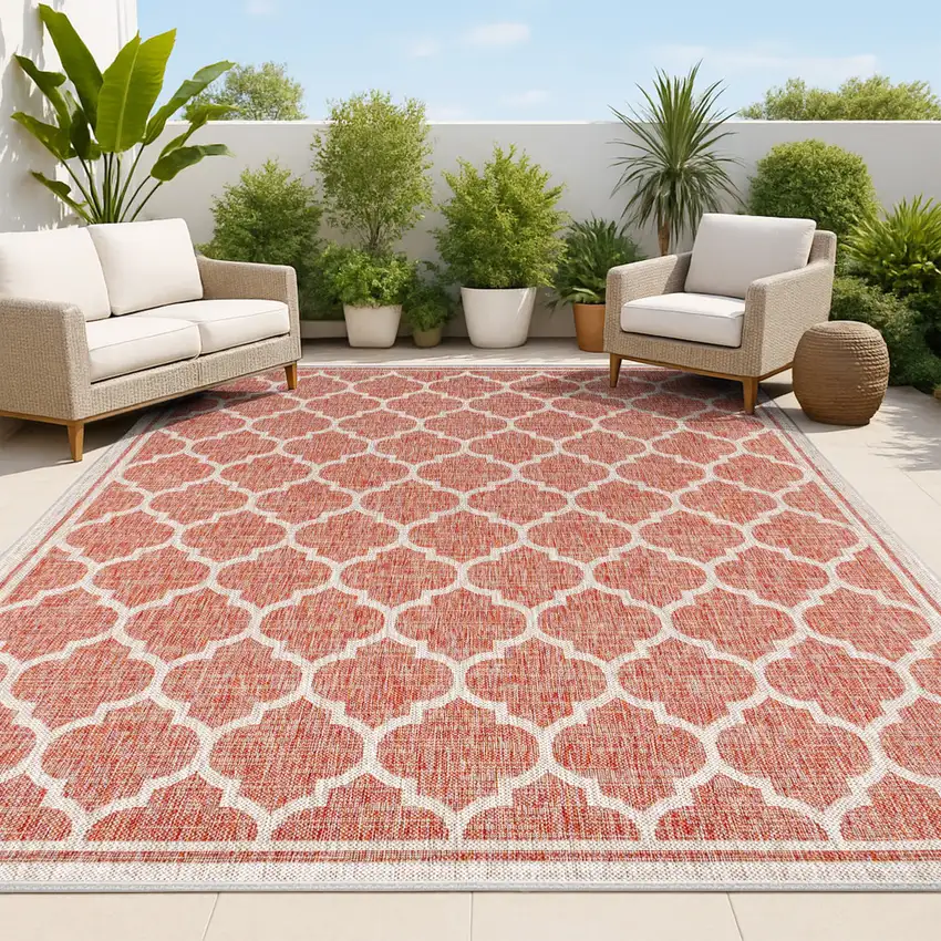Red And Beige Geometric Indoor Outdoor Area Rug Photo 4