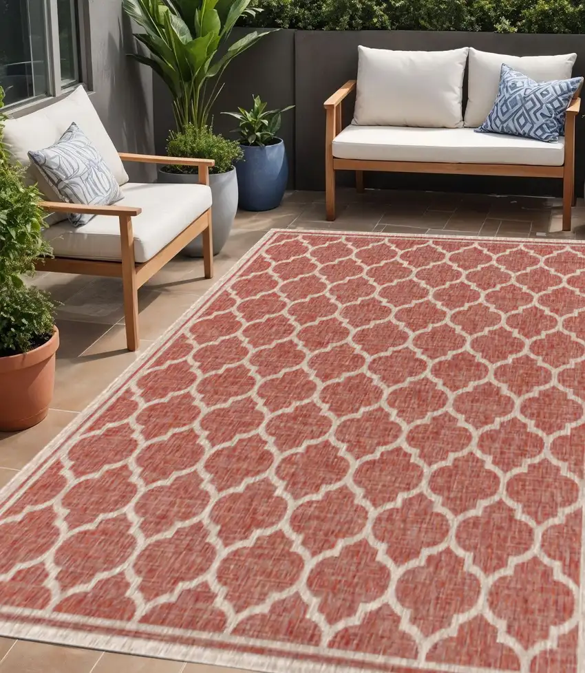 Red And Beige Geometric Indoor Outdoor Area Rug Photo 1
